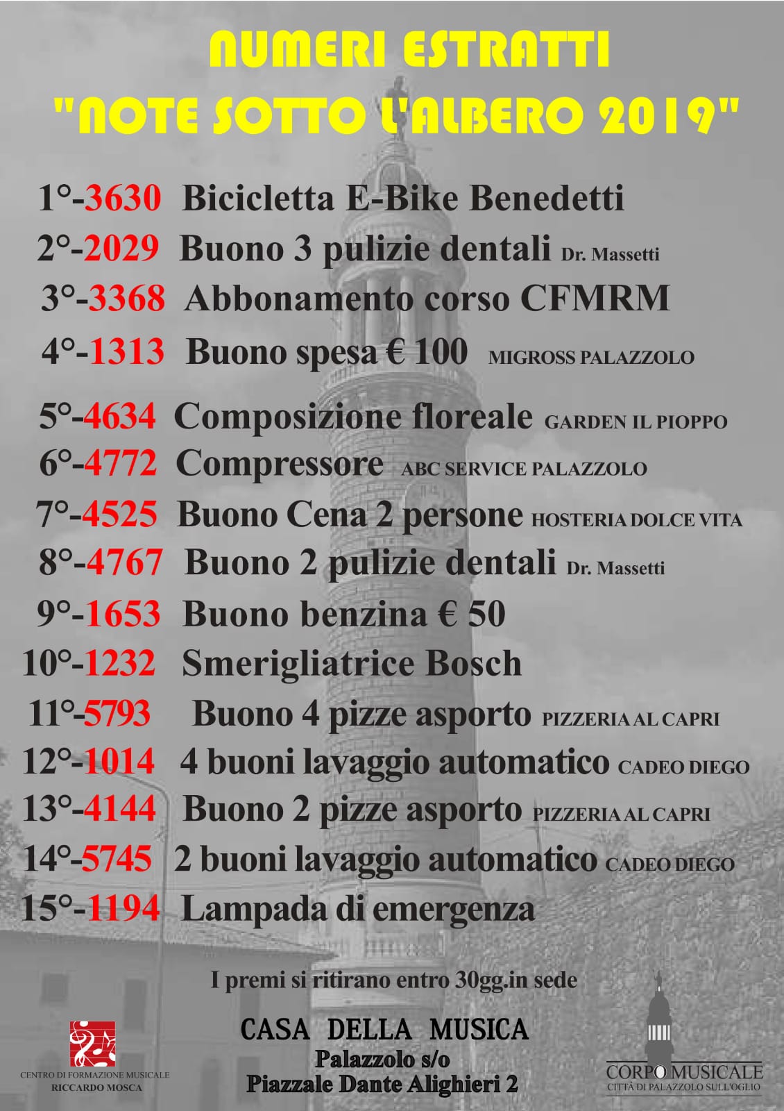 Numeri estratti “Note sotto l’albero 2019”